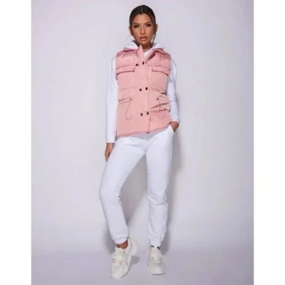 Pink Sleeveless Collared Double Breasted Padded Puffer Jacket Vest Gilet - Picture 4 of 16